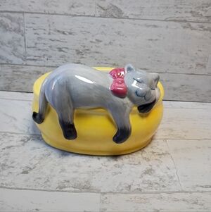 Crazy Cute Vintage Sleeping Kitty Kitten Cat Indoor on Yellow Planter.